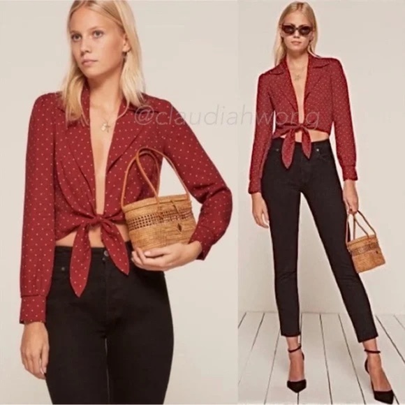 Reformation Dottie Red Polka Dot Tie Front Long Sleeve Cropped Blouse Crimson XS - Picture 4 of 10